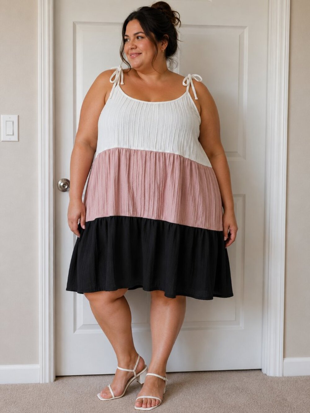 Colorblock Tiered Midi Dress in White, Blush & Black